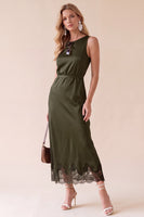 Laden Sie das Bild in den Galerie-Viewer, Schwarzes Rundhals Satin Midi Hochzeitsgastkleid mit Spitze