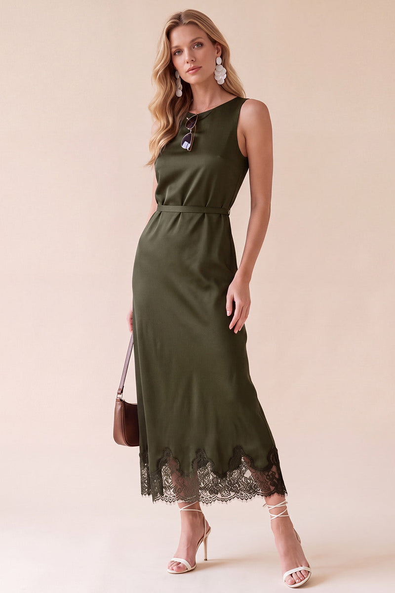 Laden Sie das Bild in den Galerie-Viewer, Schwarzes Rundhals Satin Midi Hochzeitsgastkleid mit Spitze