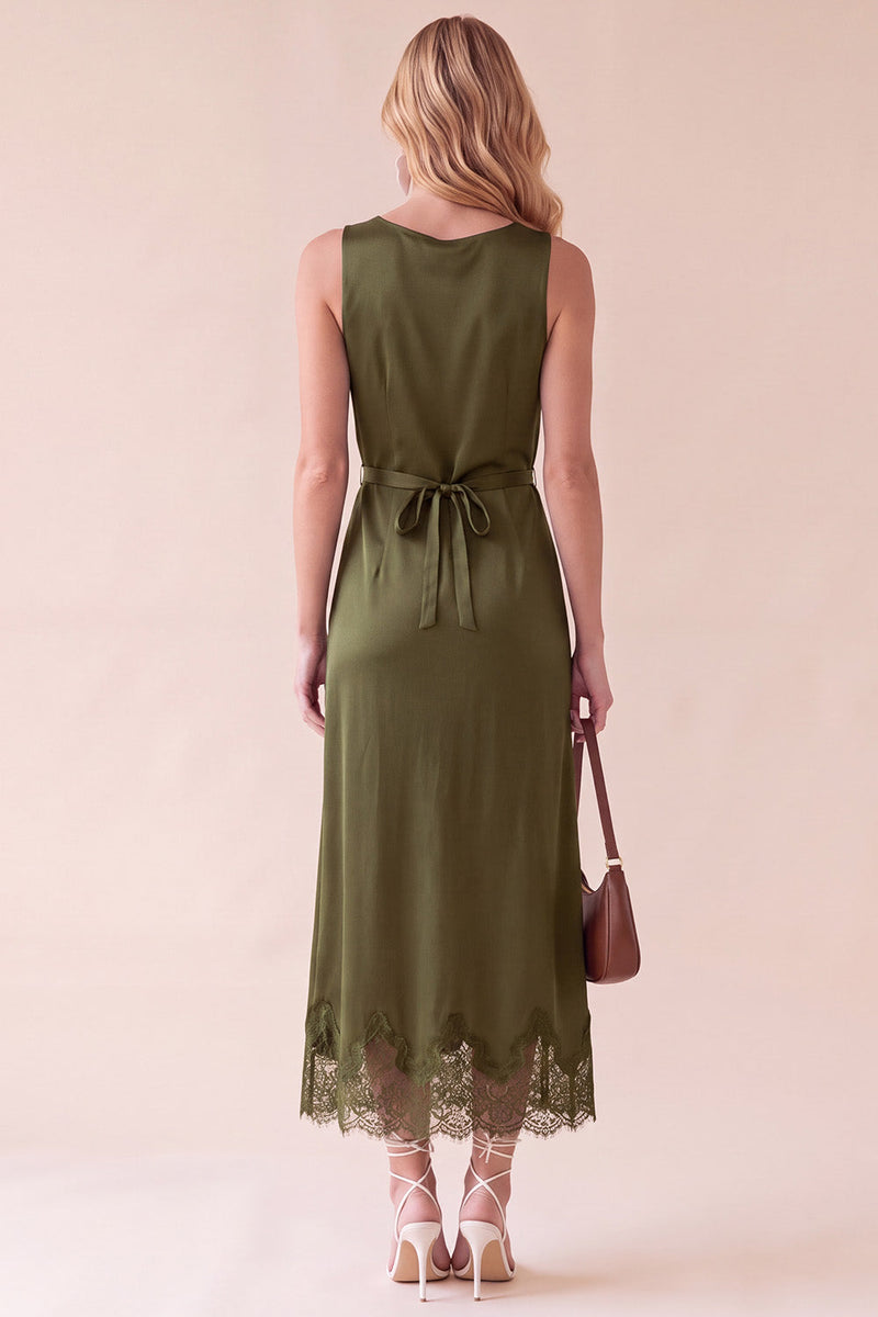 Laden Sie das Bild in den Galerie-Viewer, Schwarzes Rundhals Satin Midi Hochzeitsgastkleid mit Spitze