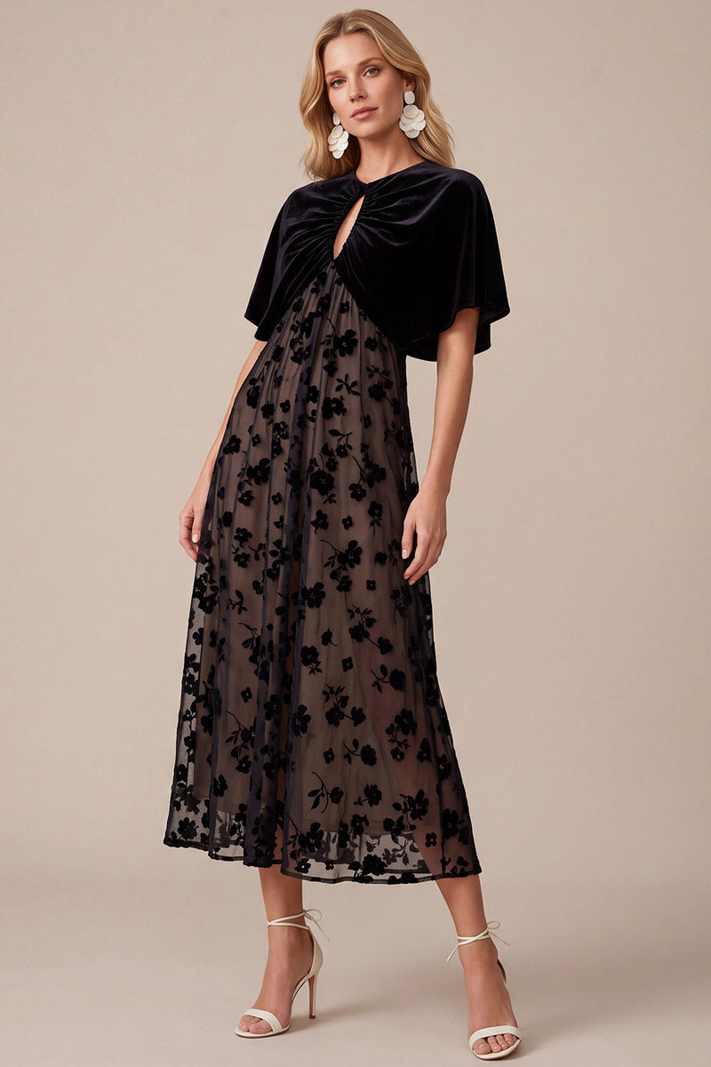 Laden Sie das Bild in den Galerie-Viewer, Schwarzes A-Linie Samt Rundhals Print Midi Weihnachtspartykleid mit Capelet