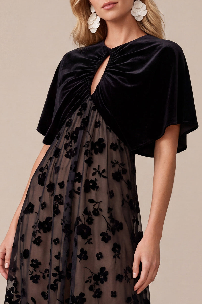 Laden Sie das Bild in den Galerie-Viewer, Schwarzes A-Linie Samt Rundhals Print Midi Weihnachtspartykleid mit Capelet