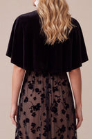Laden Sie das Bild in den Galerie-Viewer, Schwarzes A-Linie Samt Rundhals Print Midi Weihnachtspartykleid mit Capelet