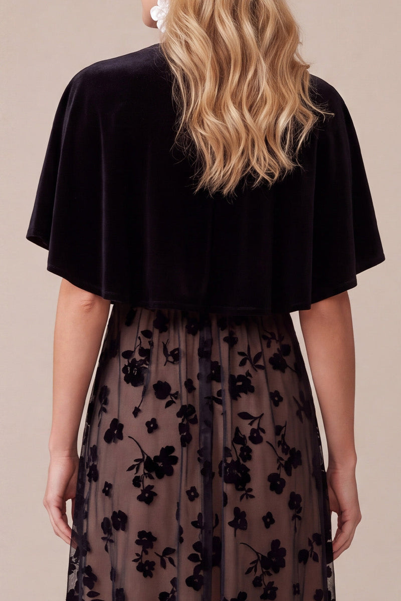 Laden Sie das Bild in den Galerie-Viewer, Schwarzes A-Linie Samt Rundhals Print Midi Weihnachtspartykleid mit Capelet