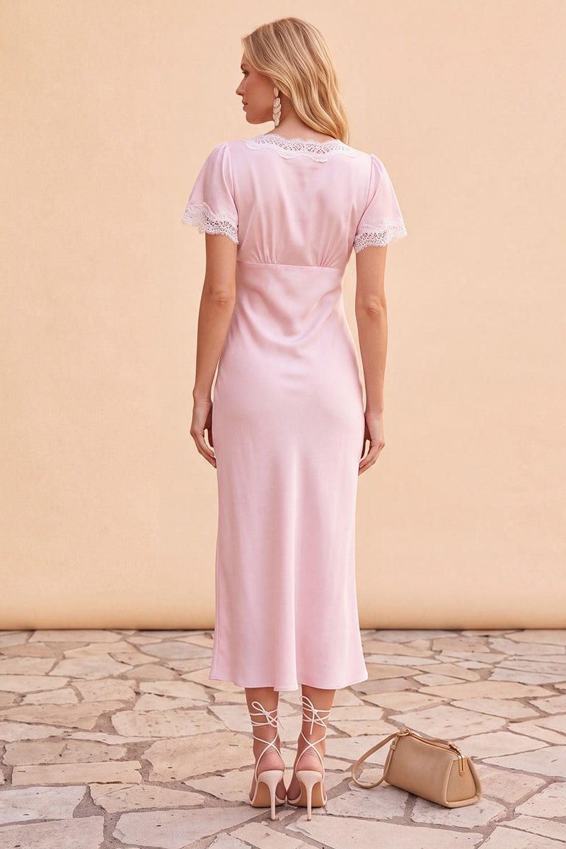 Laden Sie das Bild in den Galerie-Viewer, Blush Sheath V-Ausschnitt Flutter-Ärmel Midi Weihnachtspartykleid mit Spitze