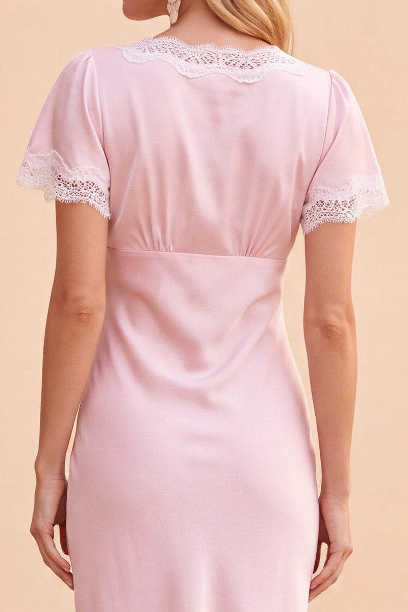 Laden Sie das Bild in den Galerie-Viewer, Blush Sheath V-Ausschnitt Flutter-Ärmel Midi Weihnachtspartykleid mit Spitze