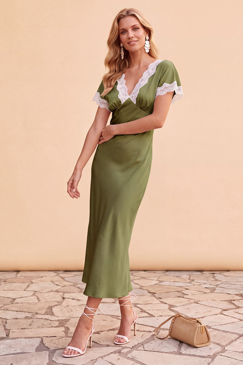 Laden Sie das Bild in den Galerie-Viewer, Blush Sheath V-Ausschnitt Flutter-Ärmel Midi Weihnachtspartykleid mit Spitze