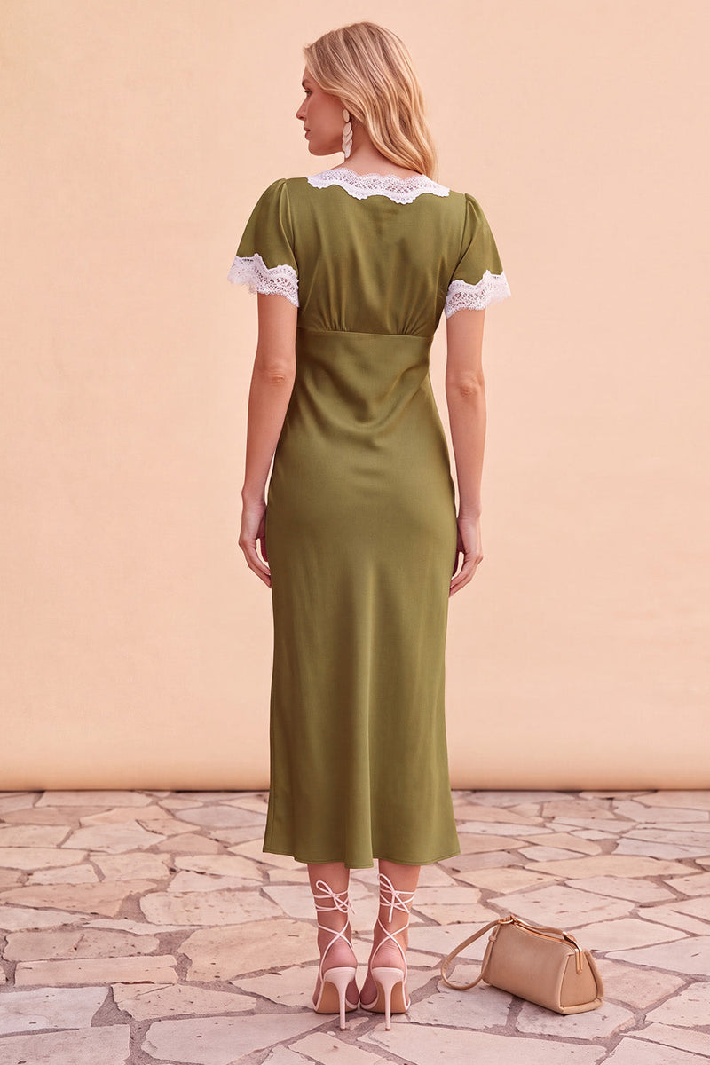 Laden Sie das Bild in den Galerie-Viewer, Blush Sheath V-Ausschnitt Flutter-Ärmel Midi Weihnachtspartykleid mit Spitze