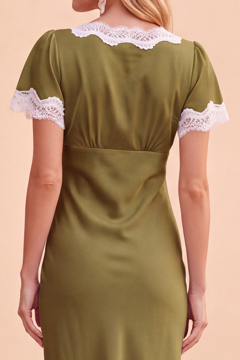 Laden Sie das Bild in den Galerie-Viewer, Blush Sheath V-Ausschnitt Flutter-Ärmel Midi Weihnachtspartykleid mit Spitze