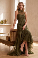 Laden Sie das Bild in den Galerie-Viewer, Olive Meerjungfrauen Spitze Abendkleid mit hohem Ausschnitt und Rüschen
