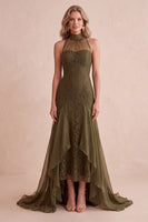 Laden Sie das Bild in den Galerie-Viewer, Olive Meerjungfrauen Spitze Abendkleid mit hohem Ausschnitt und Rüschen