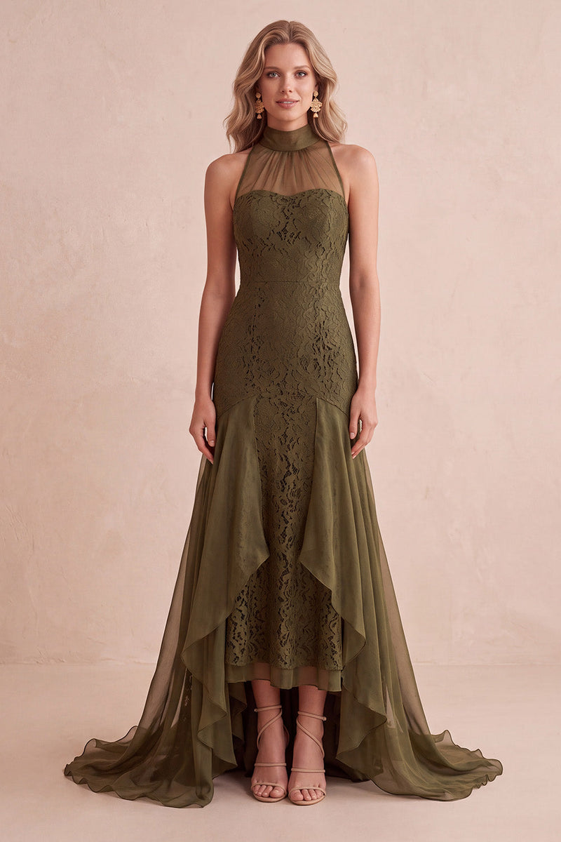 Laden Sie das Bild in den Galerie-Viewer, Olive Meerjungfrauen Spitze Abendkleid mit hohem Ausschnitt und Rüschen