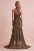 Laden Sie das Bild in den Galerie-Viewer, Olive Meerjungfrauen Spitze Abendkleid mit hohem Ausschnitt und Rüschen