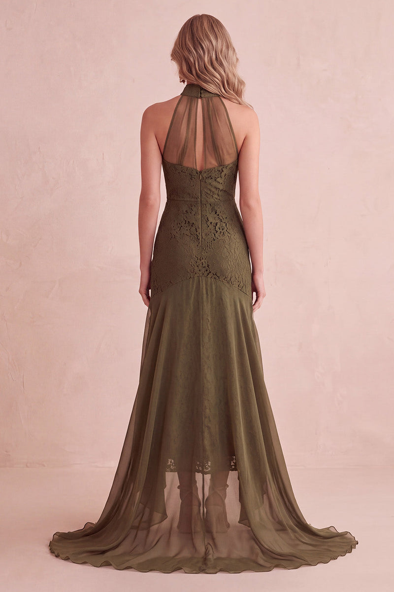 Laden Sie das Bild in den Galerie-Viewer, Olive Meerjungfrauen Spitze Abendkleid mit hohem Ausschnitt und Rüschen