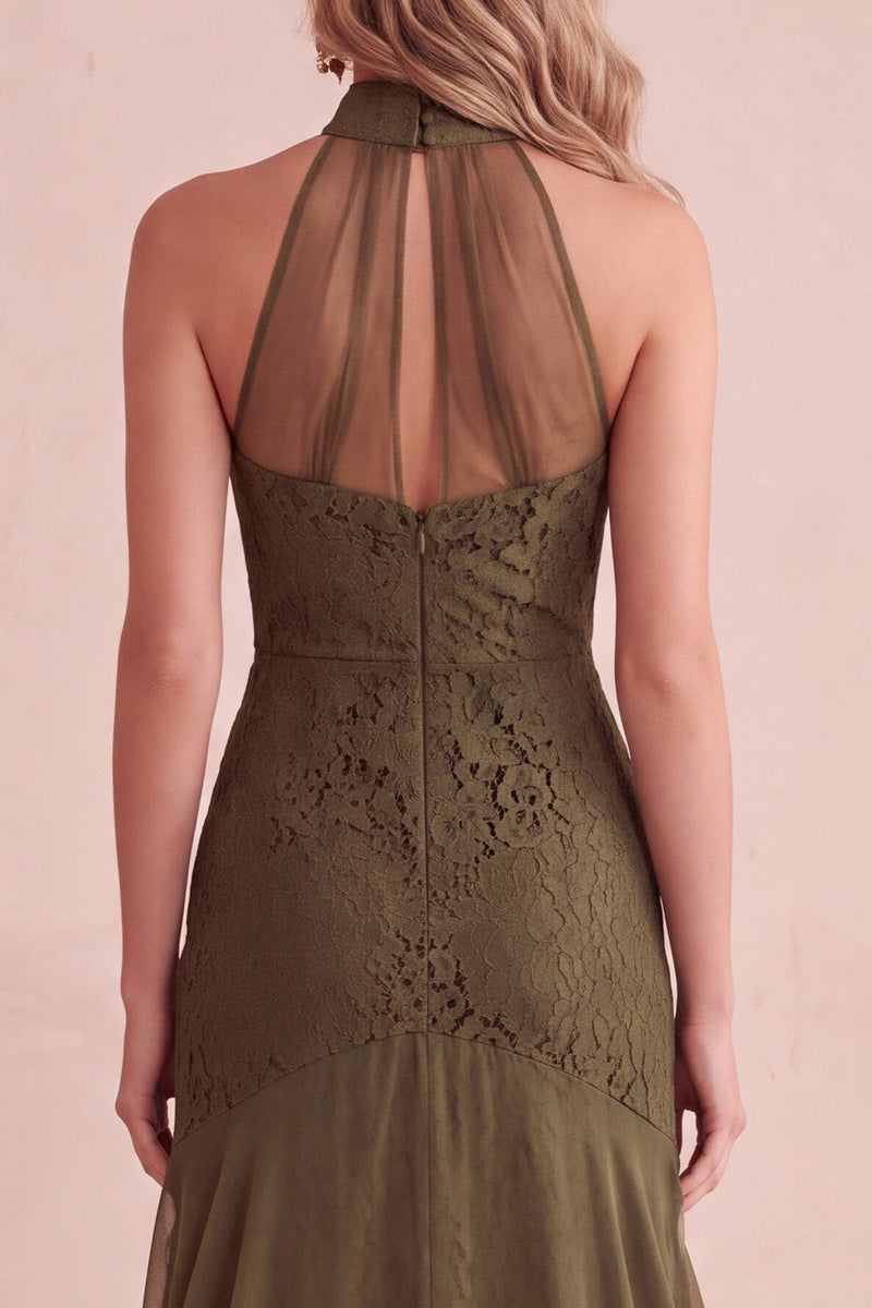 Laden Sie das Bild in den Galerie-Viewer, Olive Meerjungfrauen Spitze Abendkleid mit hohem Ausschnitt und Rüschen