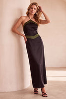 Laden Sie das Bild in den Galerie-Viewer, Schwarz-grünes Halter Satin Maxi Hochzeitsgastkleid