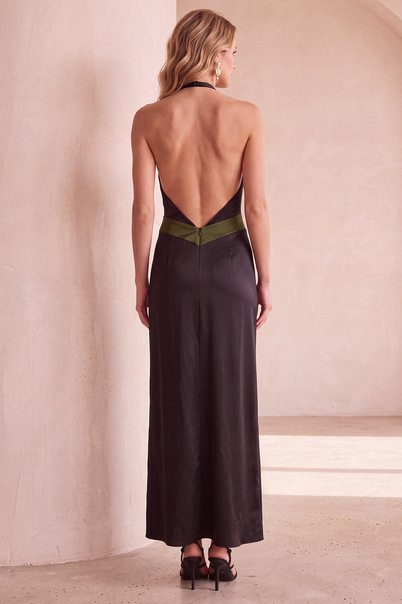 Laden Sie das Bild in den Galerie-Viewer, Schwarz-grünes Halter Satin Maxi Hochzeitsgastkleid