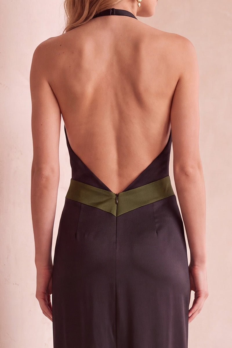 Laden Sie das Bild in den Galerie-Viewer, Schwarz-grünes Halter Satin Maxi Hochzeitsgastkleid