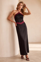 Laden Sie das Bild in den Galerie-Viewer, Schwarz-grünes Halter Satin Maxi Hochzeitsgastkleid