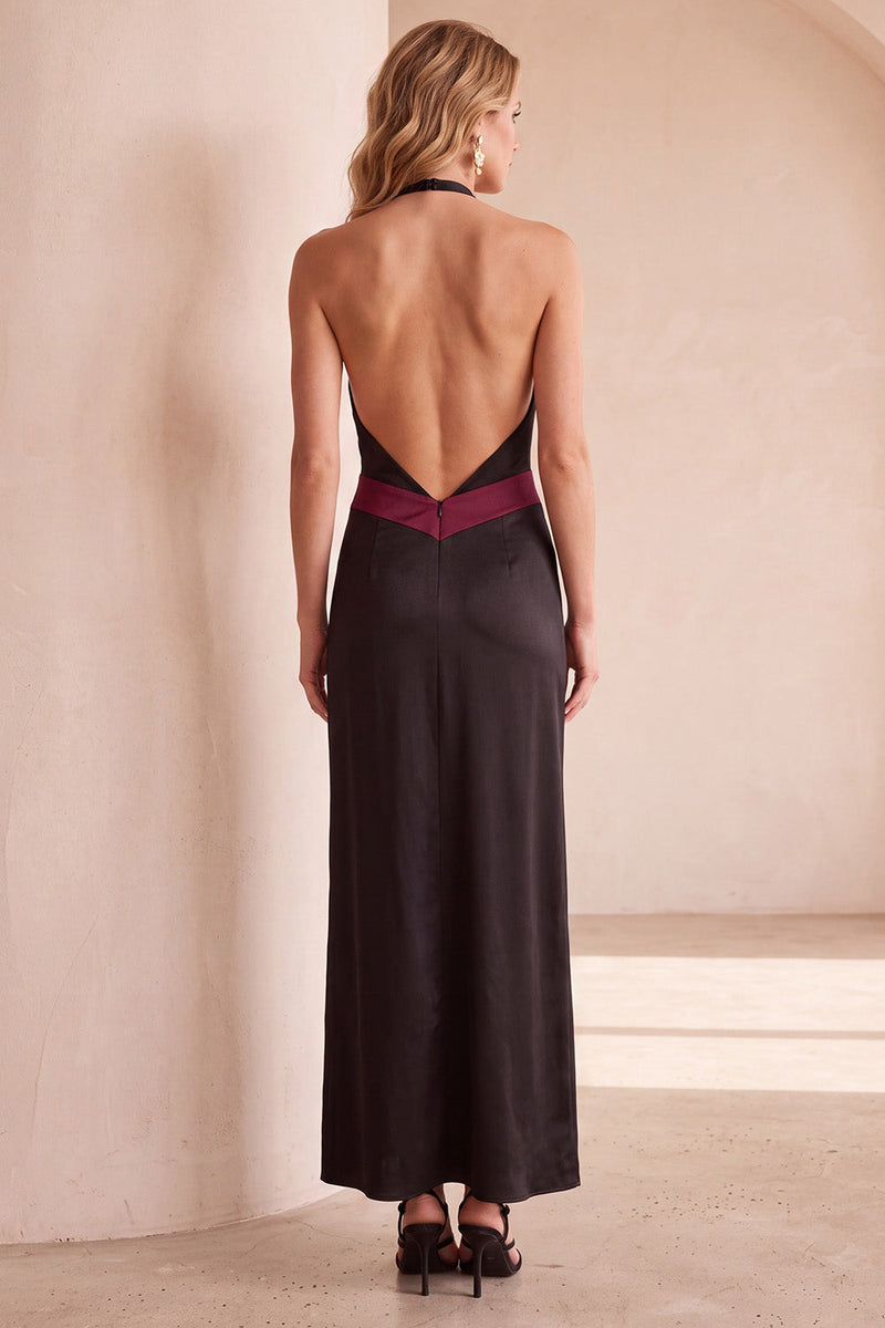 Laden Sie das Bild in den Galerie-Viewer, Schwarz-grünes Halter Satin Maxi Hochzeitsgastkleid