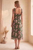 Laden Sie das Bild in den Galerie-Viewer, Grünes A-Linie Quadrathals Blumenmuster Midi Hochzeitsgastkleid mit Schlitz