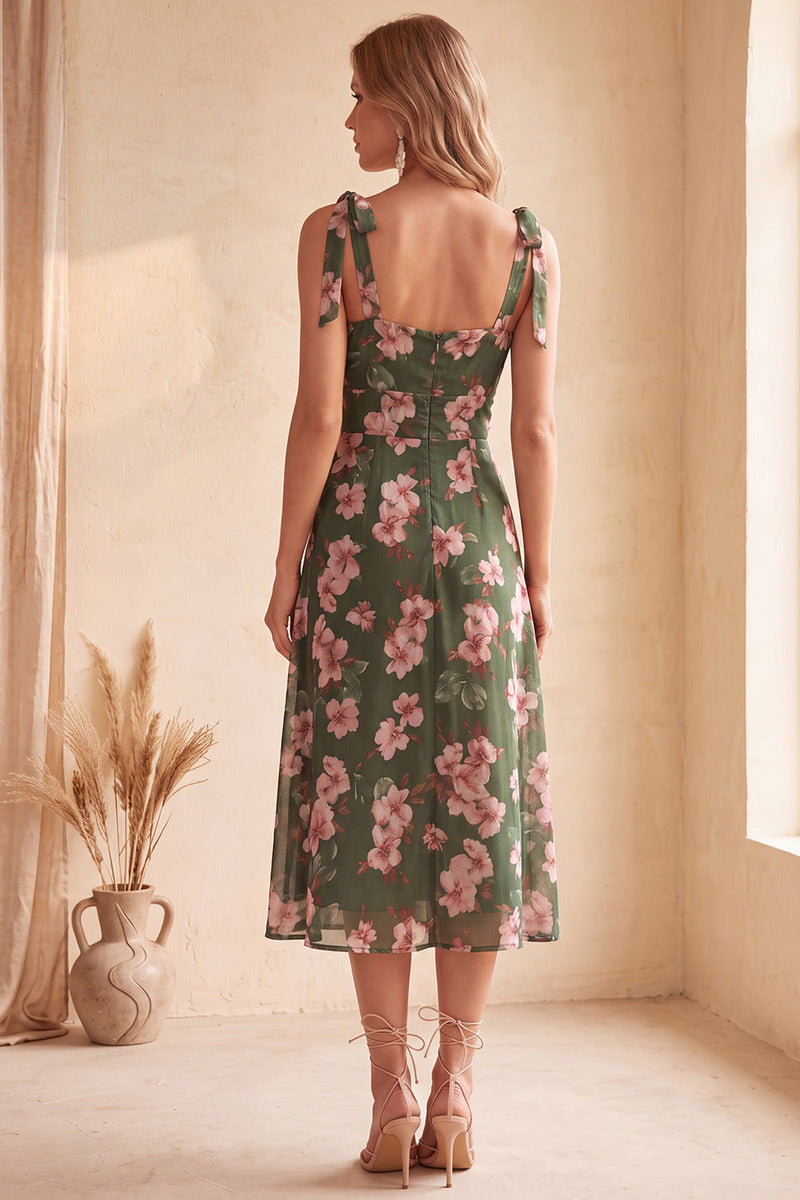 Laden Sie das Bild in den Galerie-Viewer, Grünes A-Linie Quadrathals Blumenmuster Midi Hochzeitsgastkleid mit Schlitz