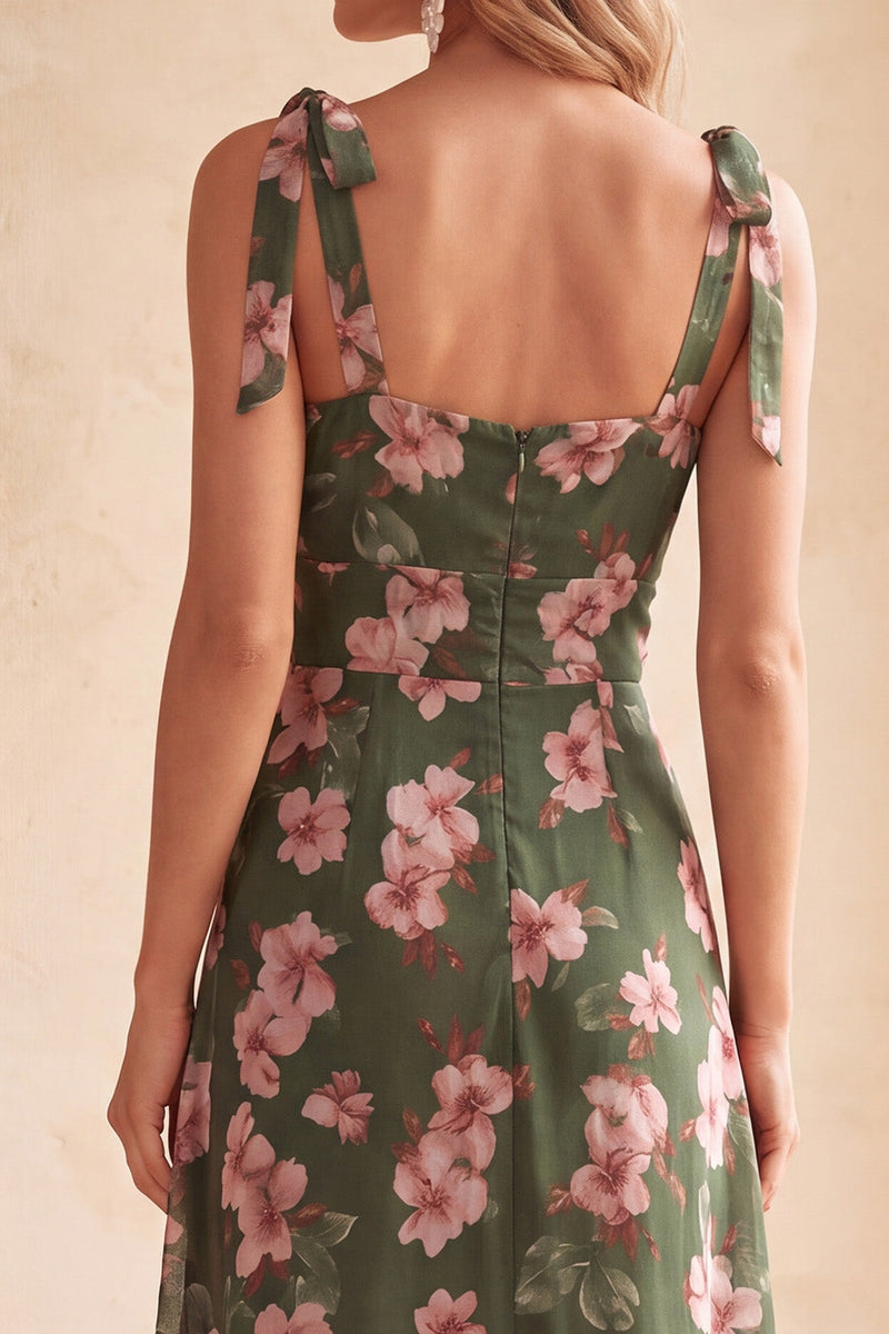 Laden Sie das Bild in den Galerie-Viewer, Grünes A-Linie Quadrathals Blumenmuster Midi Hochzeitsgastkleid mit Schlitz