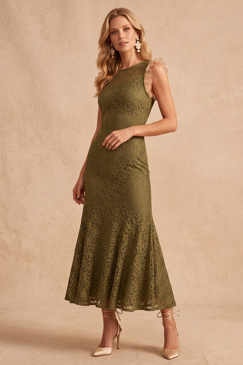 Laden Sie das Bild in den Galerie-Viewer, Dunkelblaues Meerjungfrauen Rundhals Midi Hochzeitsgastkleid mit Spitze