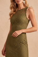 Laden Sie das Bild in den Galerie-Viewer, Dunkelblaues Meerjungfrauen Rundhals Midi Hochzeitsgastkleid mit Spitze