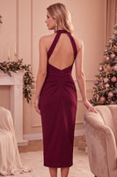 Laden Sie das Bild in den Galerie-Viewer, Burgunderrotes Bodycon Halter Midi Hochzeitsgastkleid mit Taschen