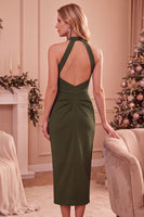 Laden Sie das Bild in den Galerie-Viewer, Burgunderrotes Bodycon Halter Midi Hochzeitsgastkleid mit Taschen