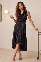 Laden Sie das Bild in den Galerie-Viewer, Schwarz A-Linien Wasserfallausschnitt Ausschnitt High Low Midi Cocktailkleid mit Taschen