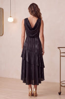Laden Sie das Bild in den Galerie-Viewer, Schwarz A-Linien Wasserfallausschnitt Ausschnitt High Low Midi Cocktailkleid mit Taschen