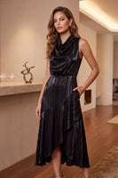 Laden Sie das Bild in den Galerie-Viewer, Schwarz A-Linien Wasserfallausschnitt Ausschnitt High Low Midi Cocktailkleid mit Taschen