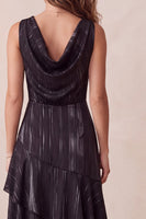 Laden Sie das Bild in den Galerie-Viewer, Schwarz A-Linien Wasserfallausschnitt Ausschnitt High Low Midi Cocktailkleid mit Taschen