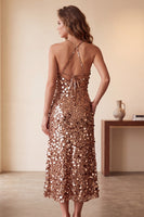 Laden Sie das Bild in den Galerie-Viewer, Kaffeebraun Pailletten Etuikleid Neckholder Midi Cocktailkleid mit Taschen