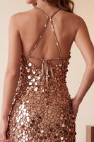 Laden Sie das Bild in den Galerie-Viewer, Kaffeebraun Pailletten Etuikleid Neckholder Midi Cocktailkleid mit Taschen