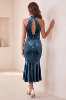 Laden Sie das Bild in den Galerie-Viewer, See Blau Samt Meerjungfrau Neckholder Schlüsselloch-Ausschnitt Midi Cocktailkleid