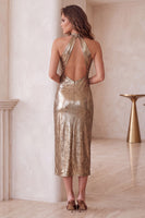 Laden Sie das Bild in den Galerie-Viewer, Champagner Etuikleid Neckholder Metallic-Look Cut-outs Midi Cocktailkleid