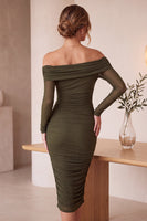 Laden Sie das Bild in den Galerie-Viewer, Olivgrün Bodycon Off Schulter Gerafft Midi Cocktailkleid
