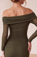 Laden Sie das Bild in den Galerie-Viewer, Olivgrün Bodycon Off Schulter Gerafft Midi Cocktailkleid