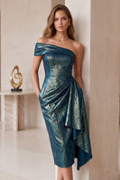 Laden Sie das Bild in den Galerie-Viewer, Schiefer Blau Metallic-Look Asymmetrisch One schulter Bodycon Gerafft Midi Cocktailkleid mit Taschen