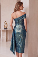 Laden Sie das Bild in den Galerie-Viewer, Schiefer Blau Metallic-Look Asymmetrisch One schulter Bodycon Gerafft Midi Cocktailkleid mit Taschen