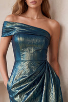 Laden Sie das Bild in den Galerie-Viewer, Schiefer Blau Metallic-Look Asymmetrisch One schulter Bodycon Gerafft Midi Cocktailkleid mit Taschen