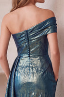 Laden Sie das Bild in den Galerie-Viewer, Schiefer Blau Metallic-Look Asymmetrisch One schulter Bodycon Gerafft Midi Cocktailkleid mit Taschen