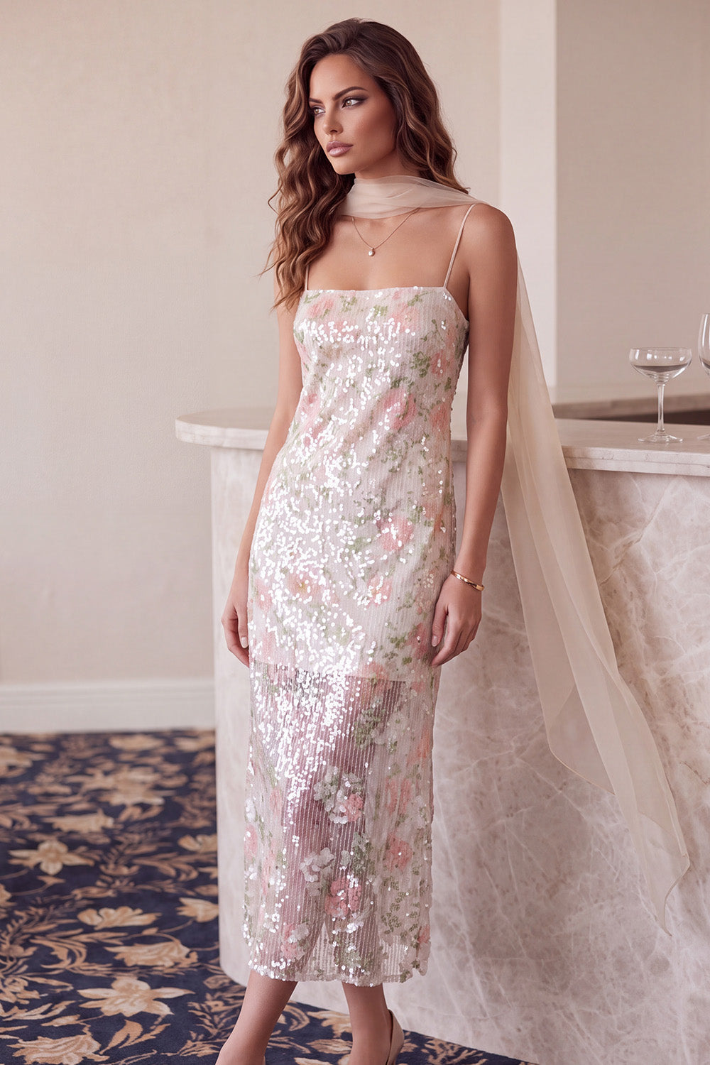 Elfenbein Etuikleid Pailletten Eckiger Ausschnitt Spaghettiträger Blumenmuster Midi Cocktailkleid