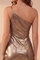 Laden Sie das Bild in den Galerie-Viewer, Gold Metallic-Look Asymmetrisch One schulter Bodycon Gerafft Kurzes Cocktailkleid