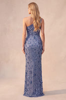 Laden Sie das Bild in den Galerie-Viewer, Schieferblaues Pailletten Scheide Eine Schulter Gerafftes Langes Festkleid
