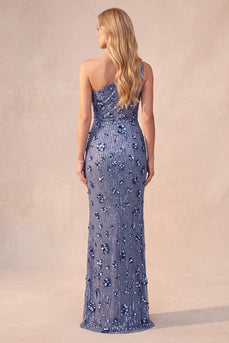 Schieferblaues Pailletten Scheide Eine Schulter Gerafftes Langes Festkleid