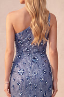 Laden Sie das Bild in den Galerie-Viewer, Schieferblaues Pailletten Scheide Eine Schulter Gerafftes Langes Festkleid
