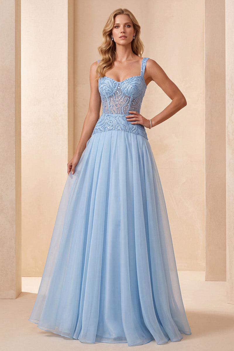 Laden Sie das Bild in den Galerie-Viewer, Himmelblaues A-Linie Sweetheart Chiffon Pailletten Langes Festkleid